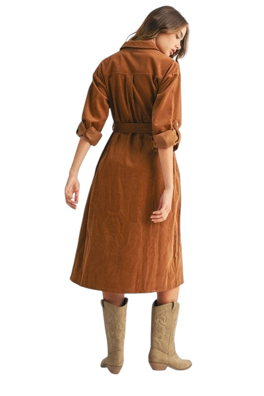 Embroidered Corduroy Shirt Dress in Saddle