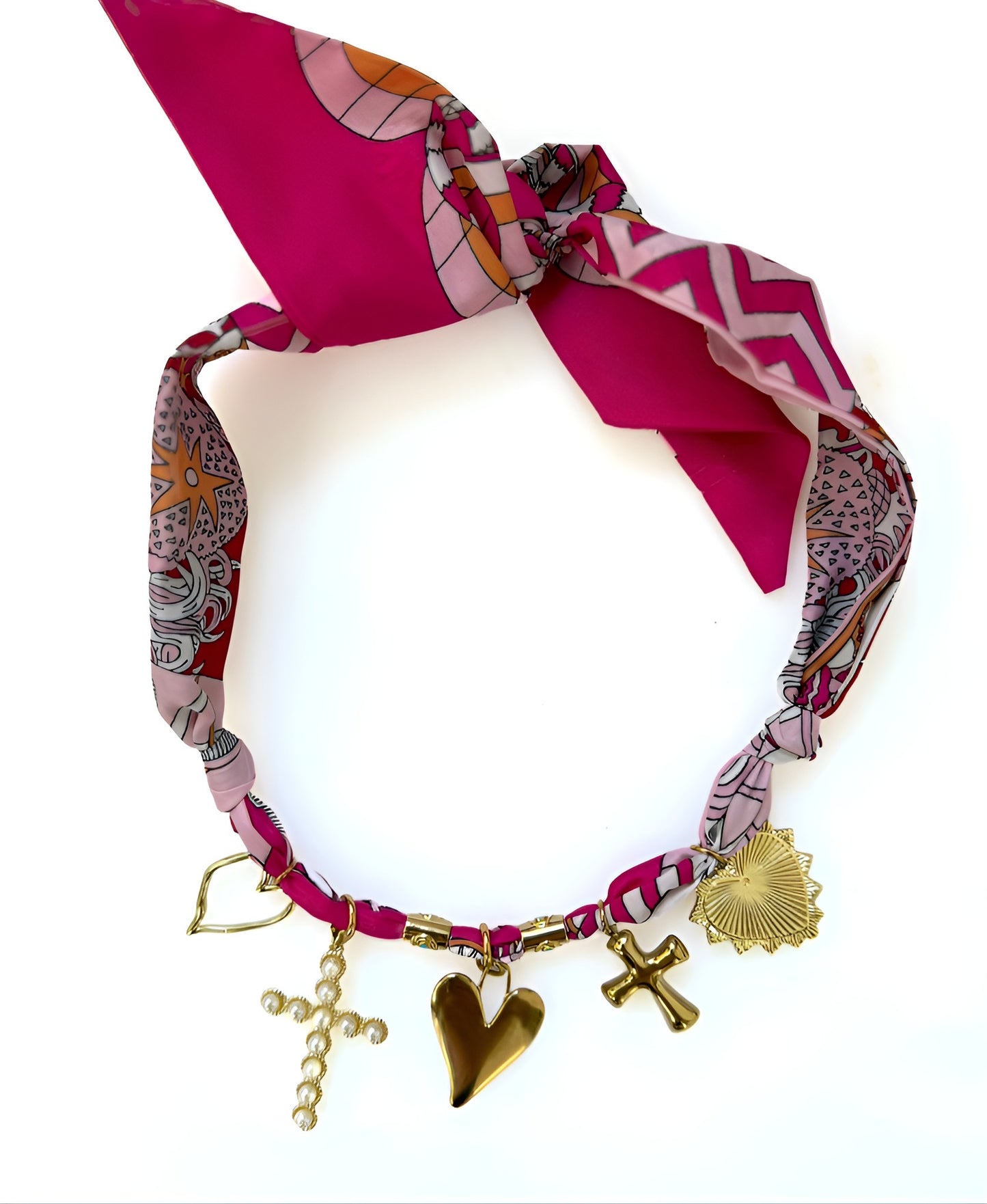 Pink Scarf Necklace w/ 5 Heart & Cross Charms & Turquoise Spacers