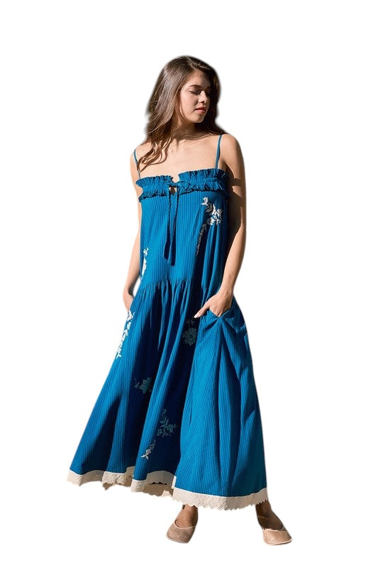 Blue Stripes Embroidered Midi