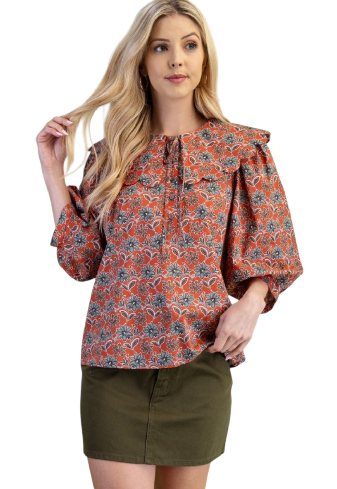 Terracotta & Blue PeterPan Collar Top