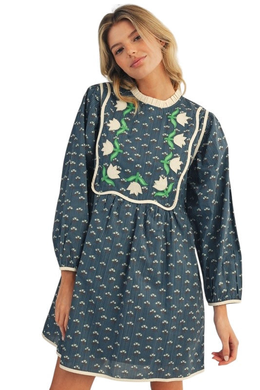 Navy Embroidered Tulips Mini