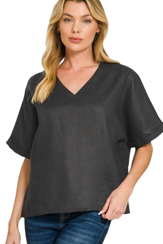 Linen V Neck Top- 4 Colors