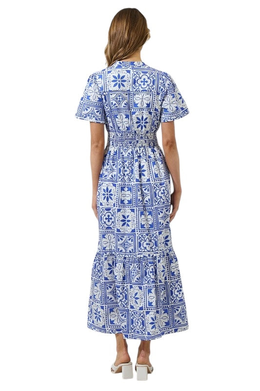Blue Tiles Smocked Waist Maxi