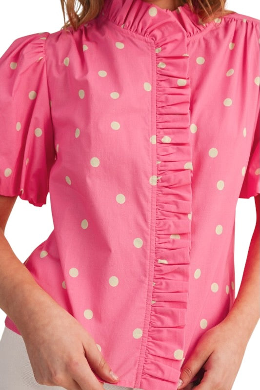 Ruffle Front Blouse in Pink Polka Dots