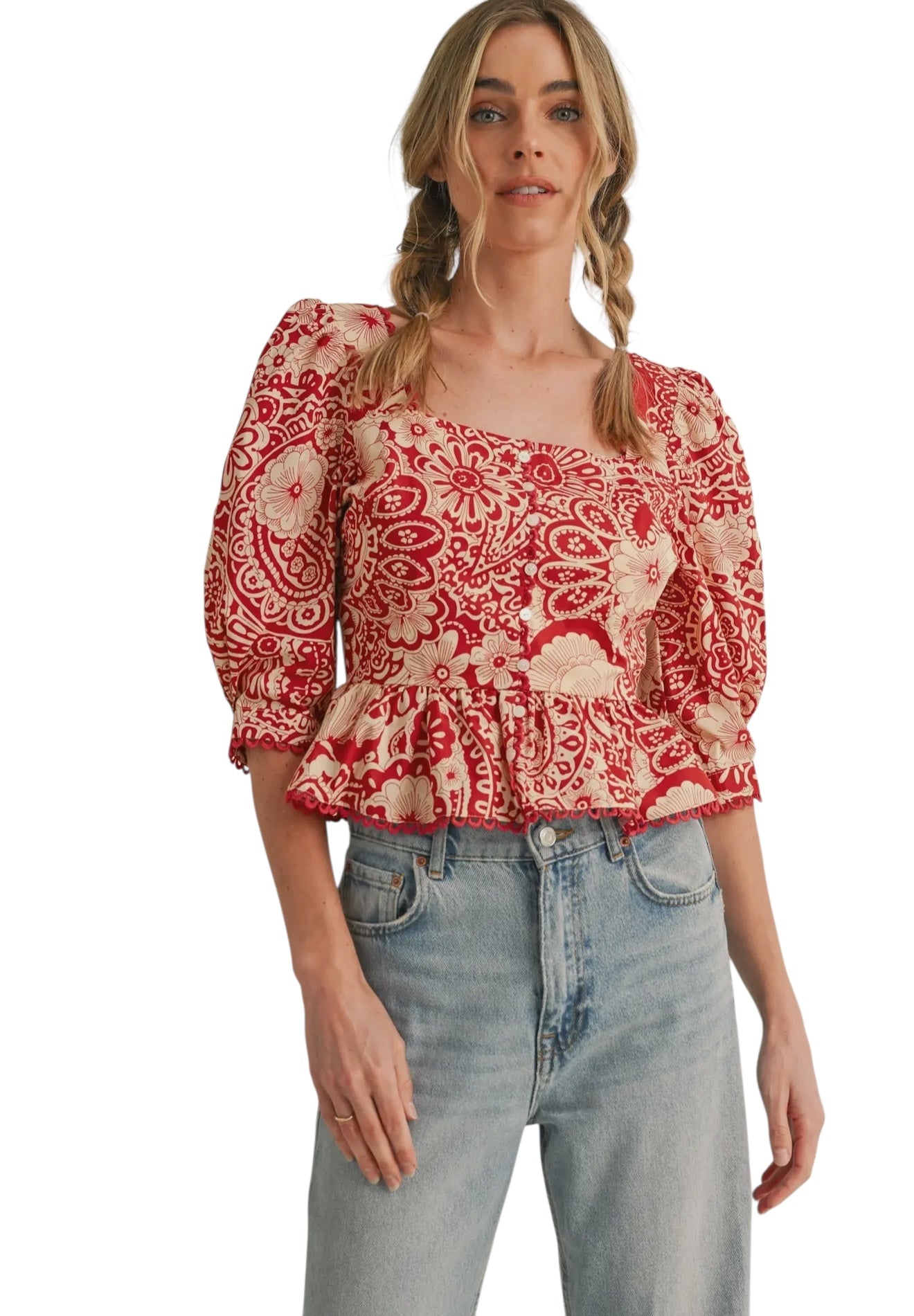 Berry Mixed Pattern Peplum Top