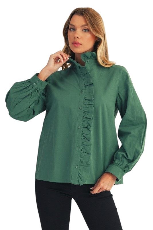 Ruffle Front Poplin Blouse- 3 Colors !!