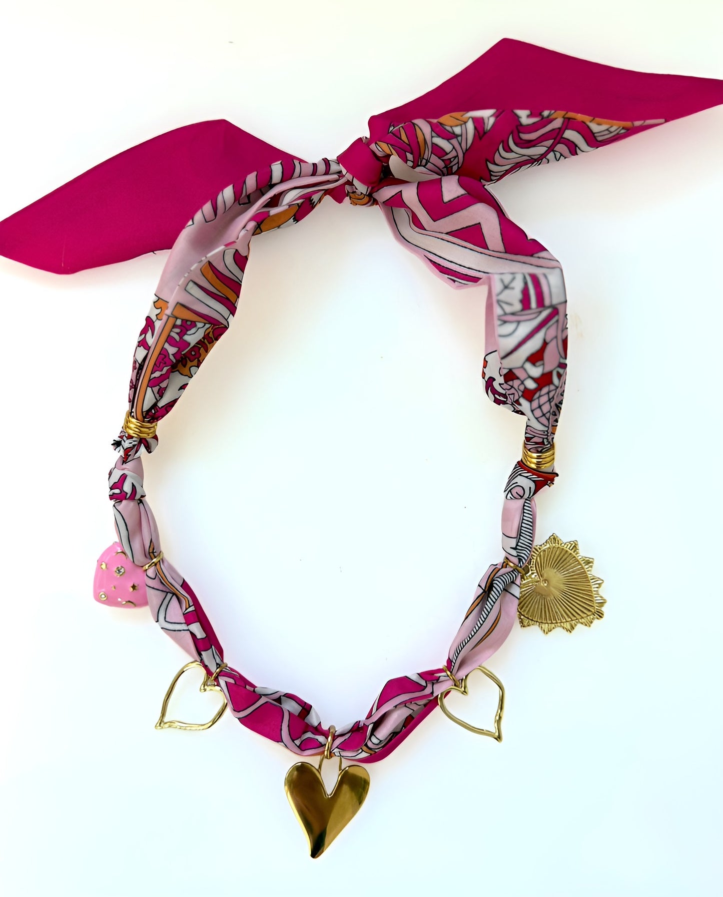Pink Scarf Necklace w/ 5 Heart Charms