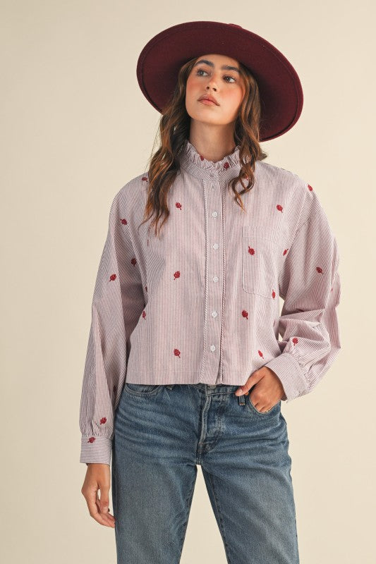 Embroidered Leaves Stripe Blouse-2 Colors