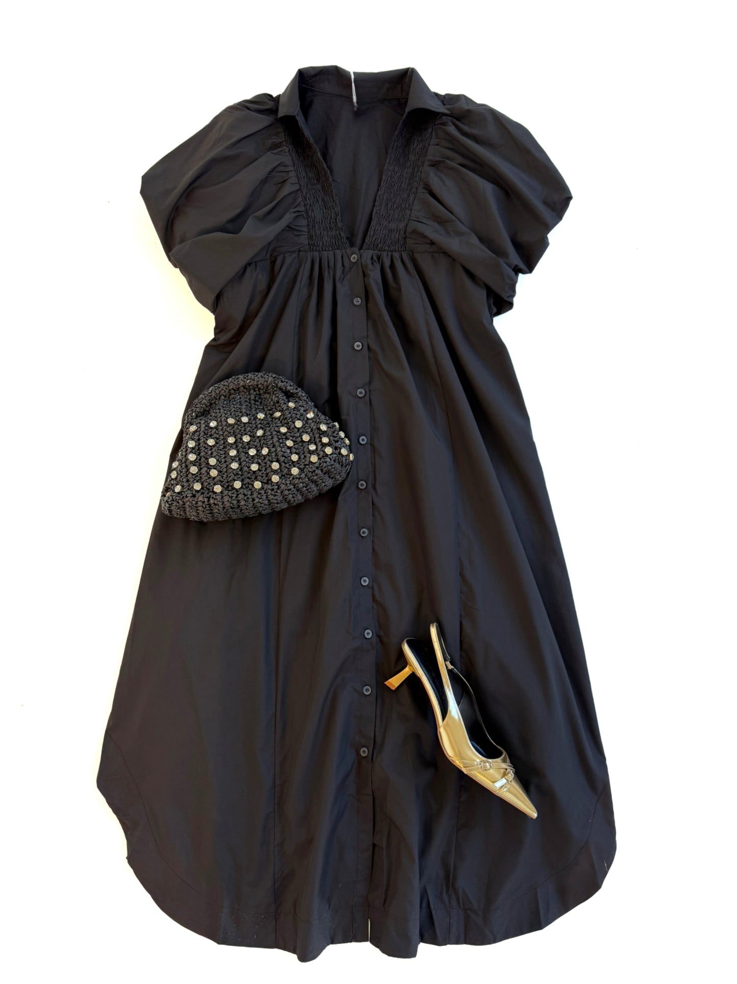Smocked Detail Poplin MIDI in Black