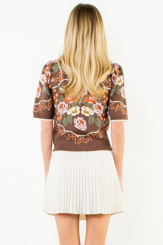 Chocolate Florals Short Sleeve Sweater