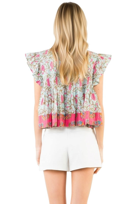 Mint Floral Pintuck Top w/ Boarder