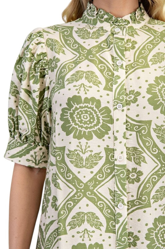 Ruffled Neck Shirt Dress in Green