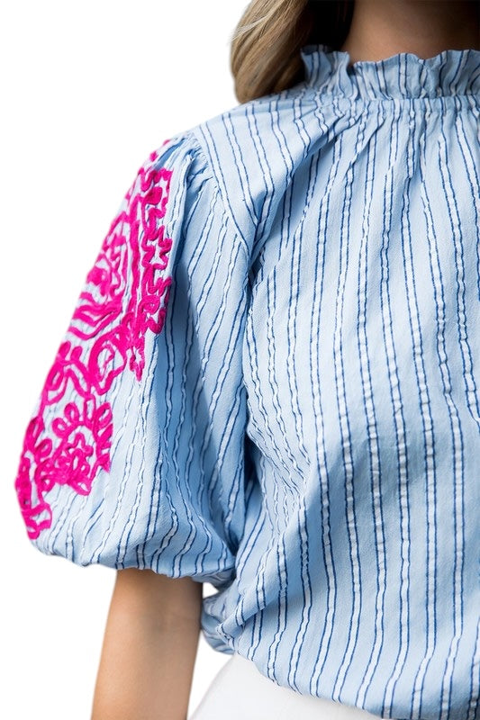Seersucker Embroidered Top