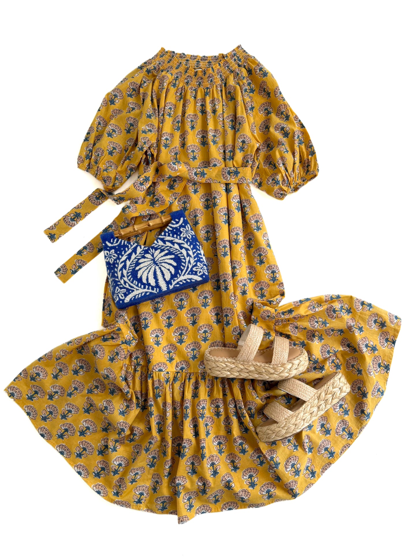 Felicity Off Shoulder Midi in Yellow Daisy