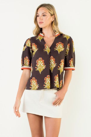 Chocolate Floral Split Neck Top