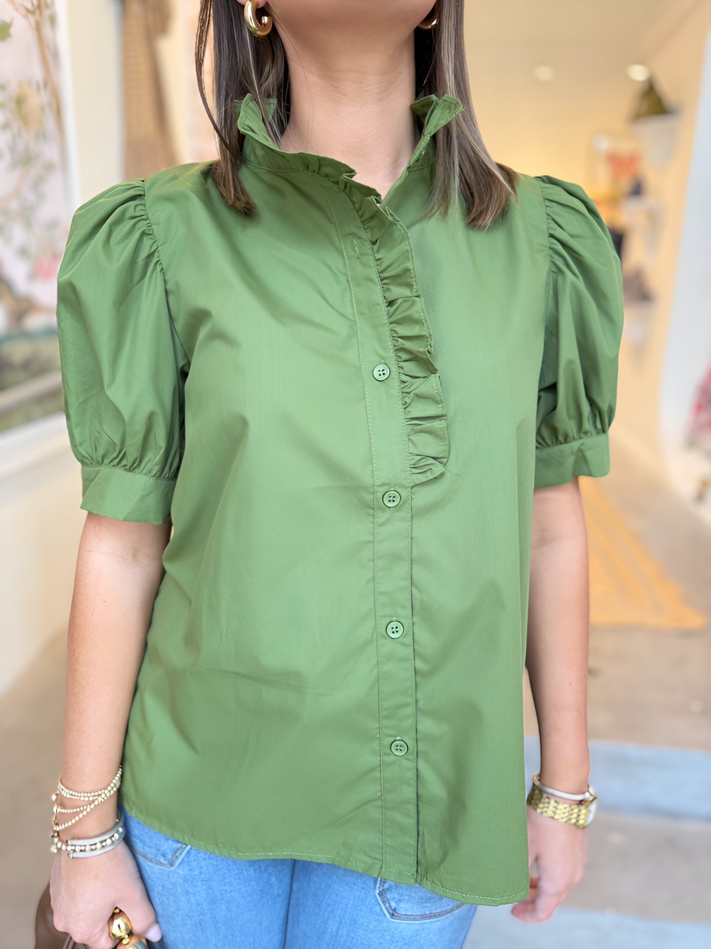 Ruffle Neck Poplin Blouse- 2 Colors
