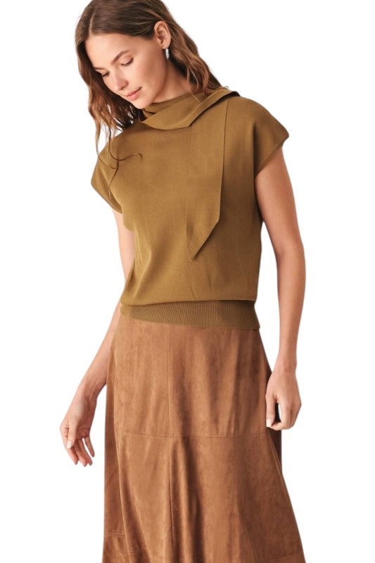 Tie Neck Knit Top in Camel