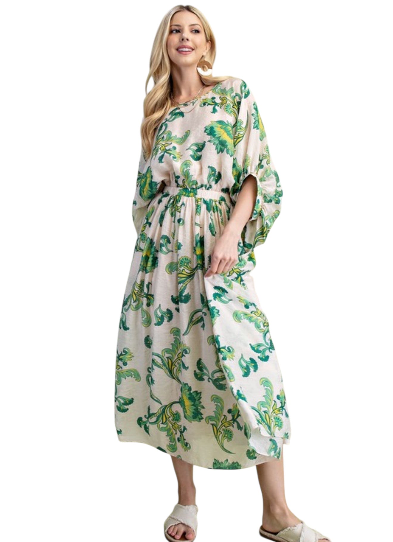 Dolman Sleeve Midi in Green Floral Vine