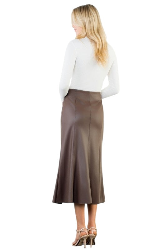 Vegan Leather Midi Skirt in Brown