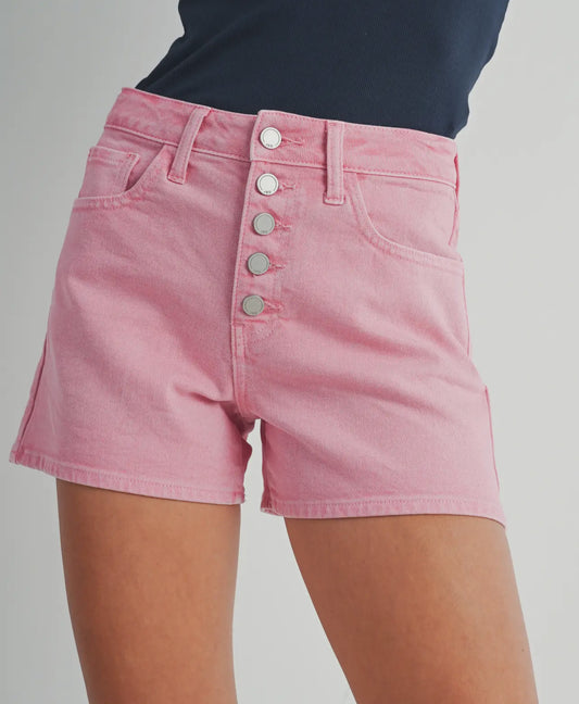 Button Fly Denim Shorts in Pink