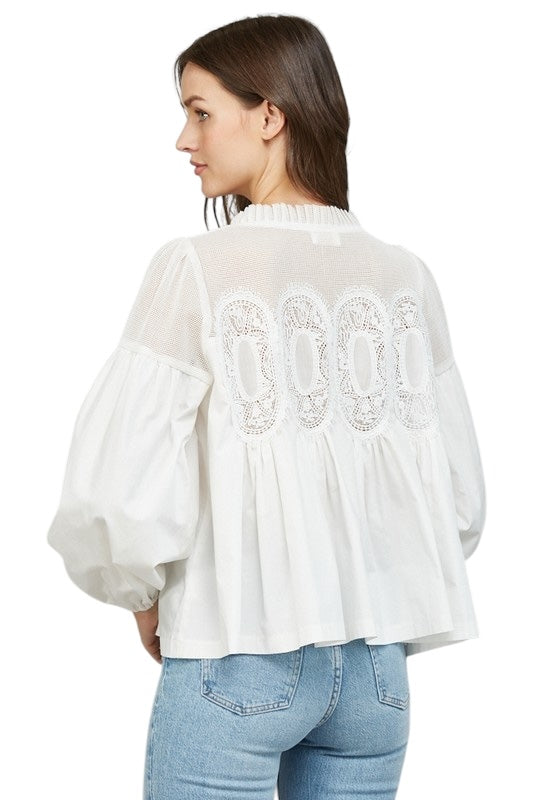 Poplin & Lace Top in White