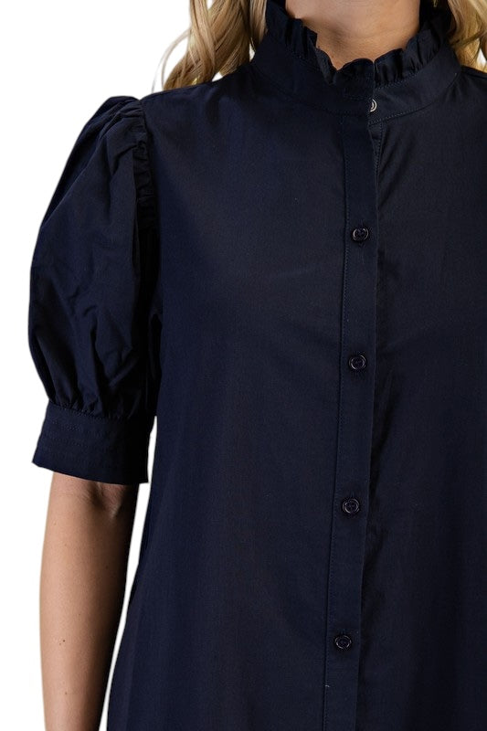 Poplin Ruffle Neck Maxi in Navy