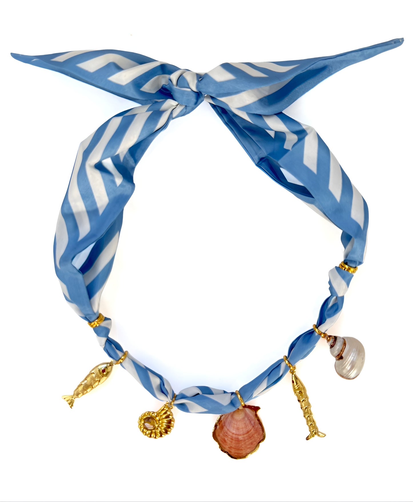 Blue Stripes Scarf Necklace w/ 5 Nautical Charms