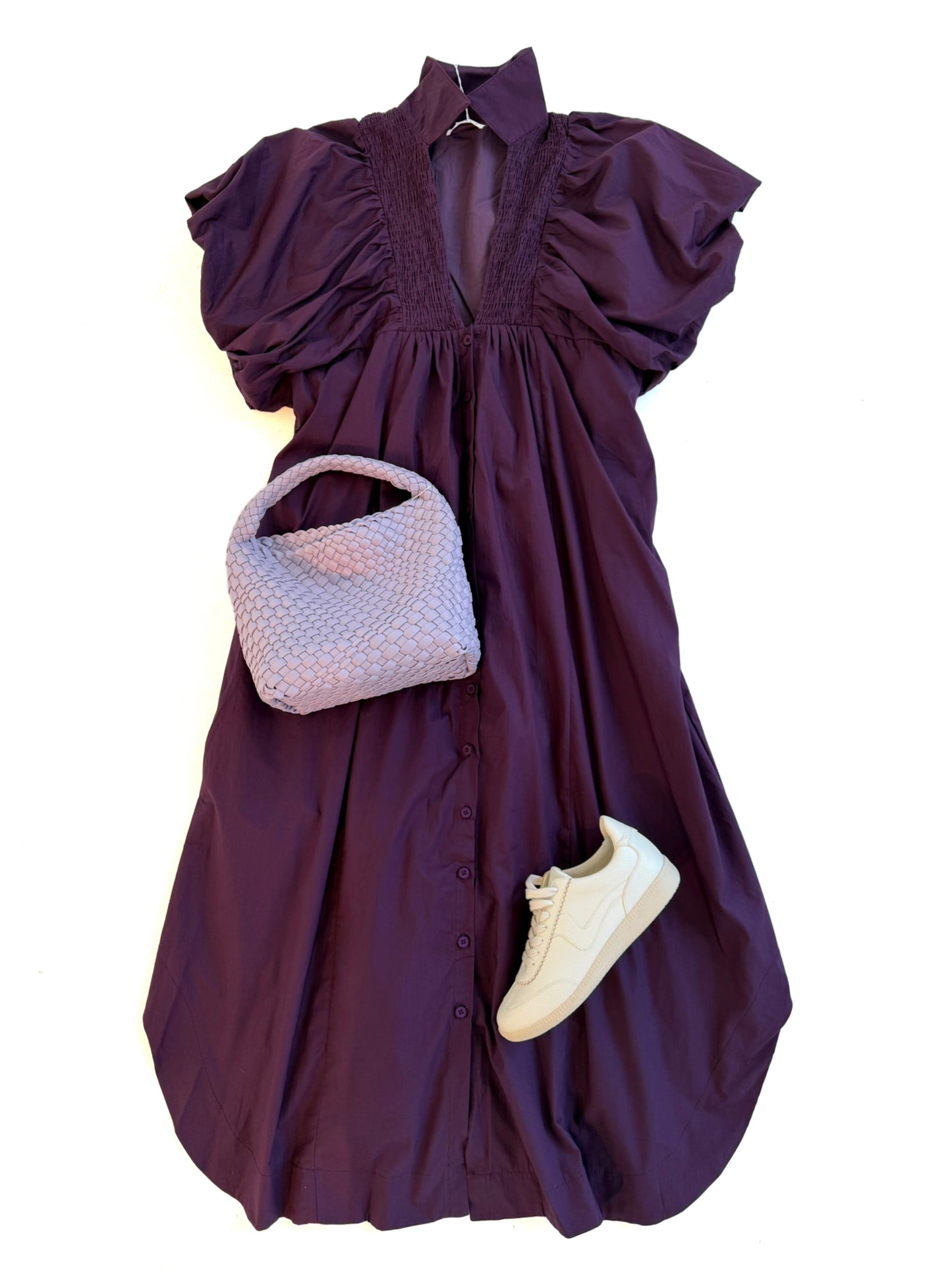 Smocked Detail Poplin MIDI in Eggplant