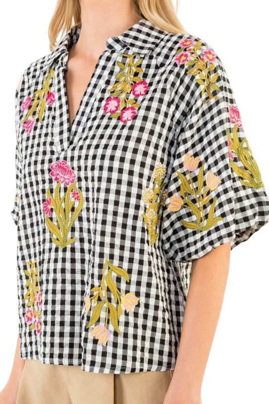 Black Gingham Floral Embroidery Top