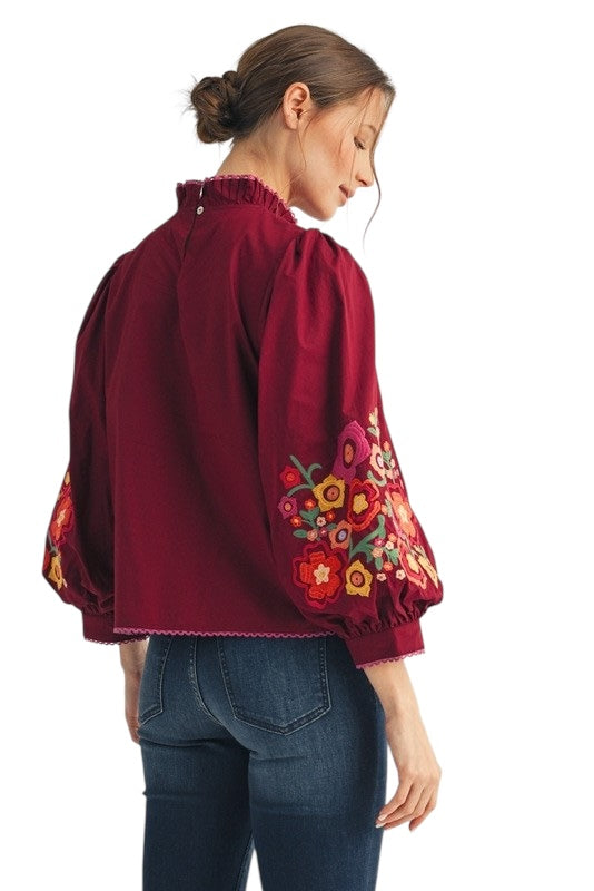 Poplin Embroidered Top in Wine