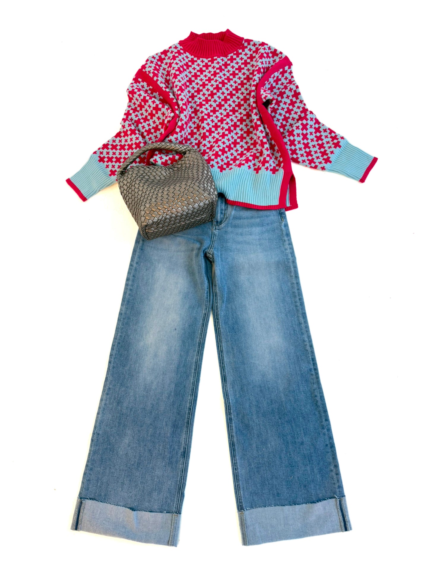 Geometric Mock Neck Sweater in Berry