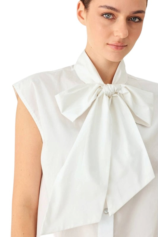 Tie Neck Sleevless Poplin Top