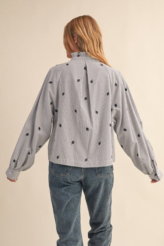 Embroidered Leaves Stripe Blouse-2 Colors
