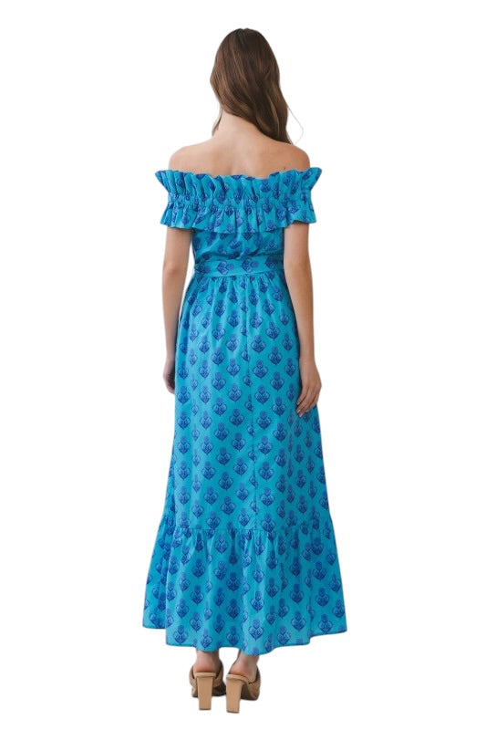 Ruffle Off Shoulder Midi in Blue