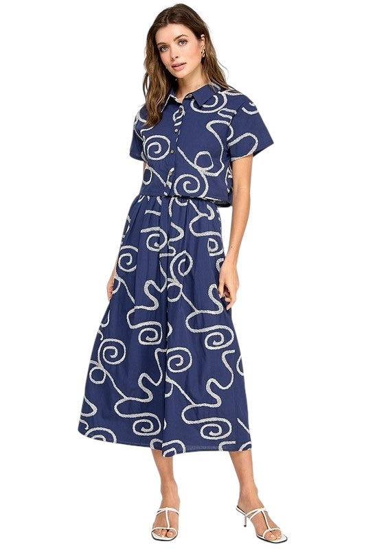 Navy Squiggle Embroidered Set