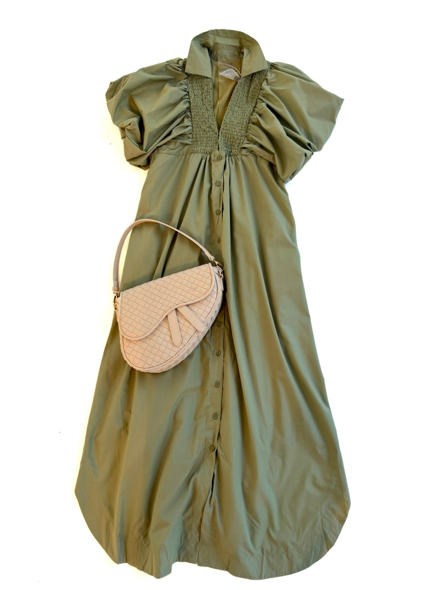 Smocked Detail Poplin MIDI in Sage