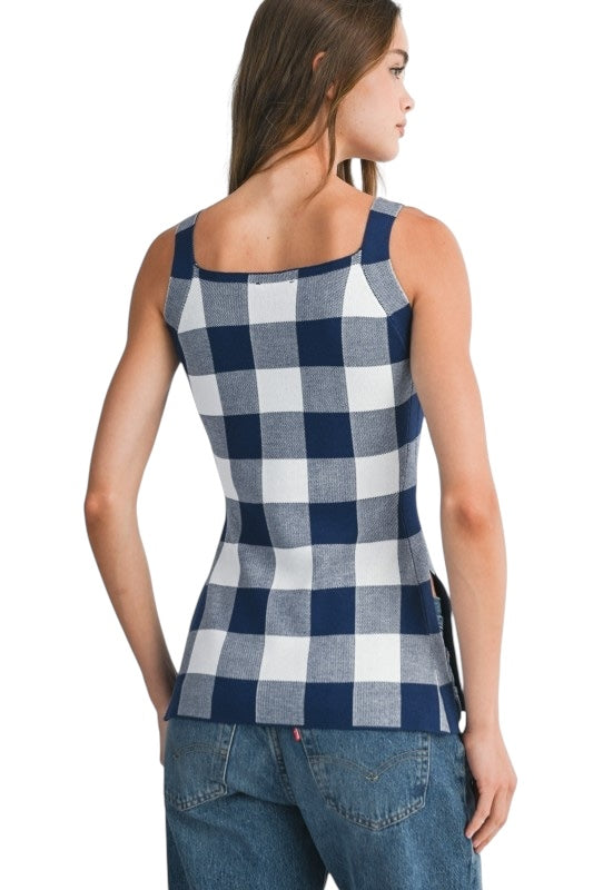 Gingham Knit Top in Navy