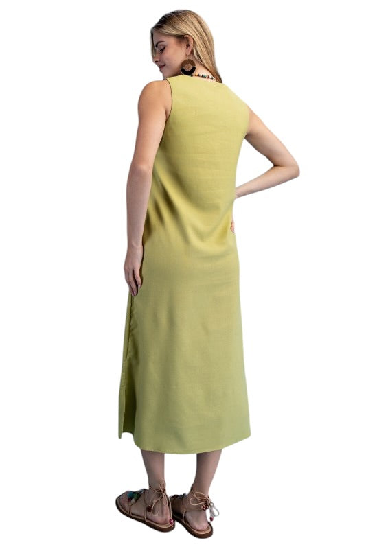 Linen Sleevless Midi in Green Tea