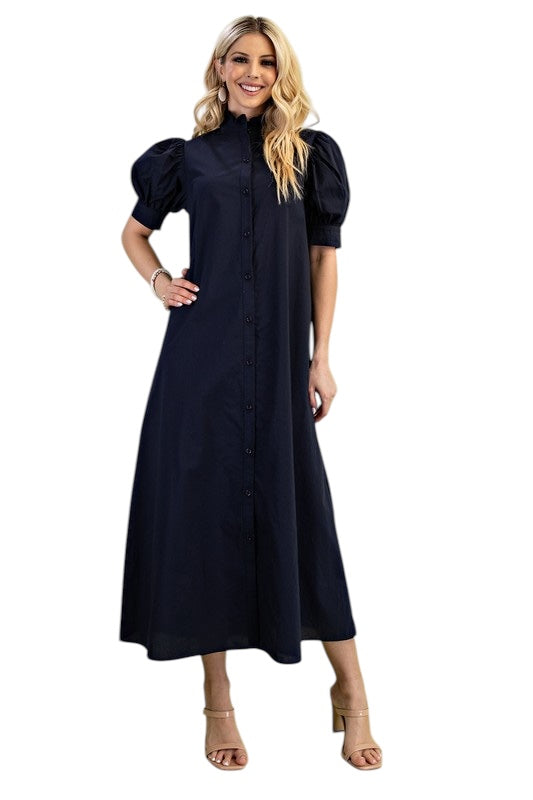 Poplin Ruffle Neck Maxi in Navy