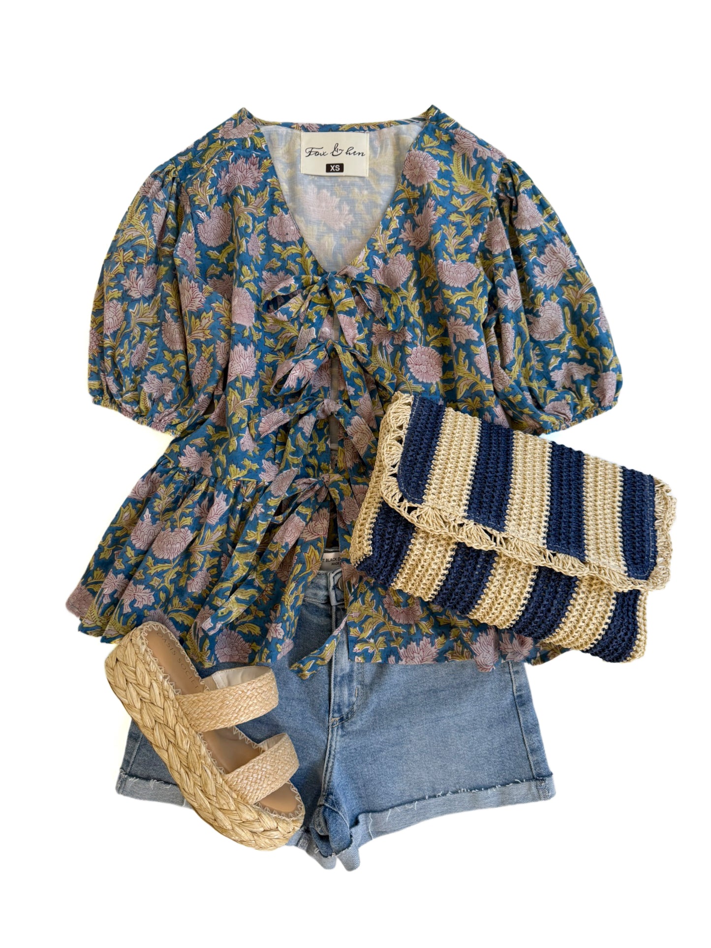 Daphne Tie Front Top in Blue & Citron