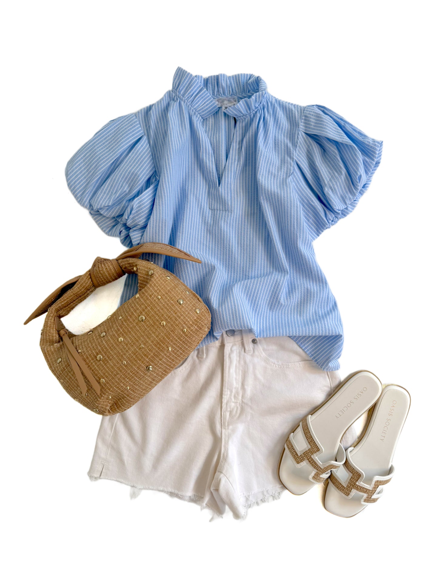 Seersucker Puff Sleeve Top in Blue