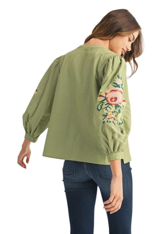 Olive Stripes Embroidered Top