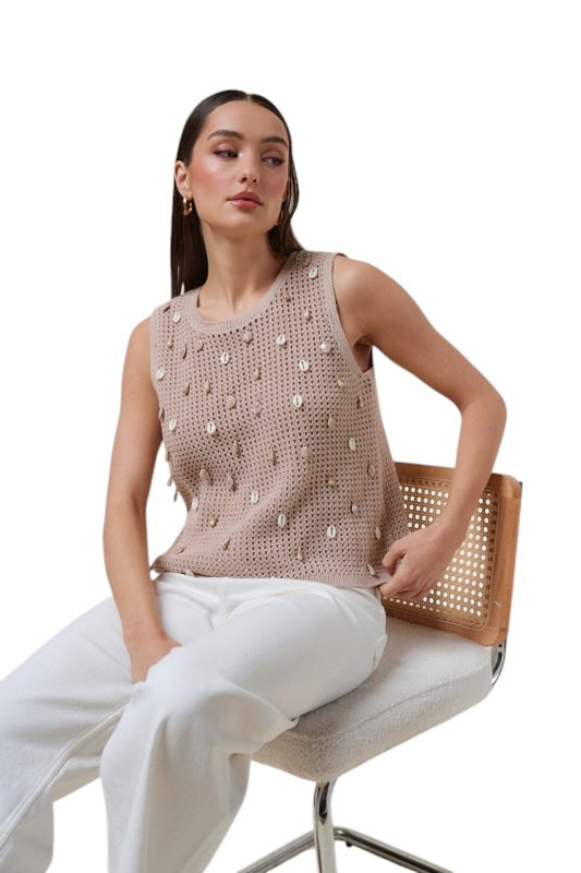 Tan Shell Embellished Sleeveless Sweater