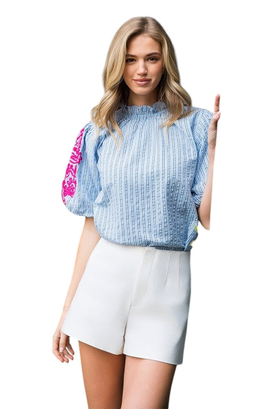 Seersucker Embroidered Top