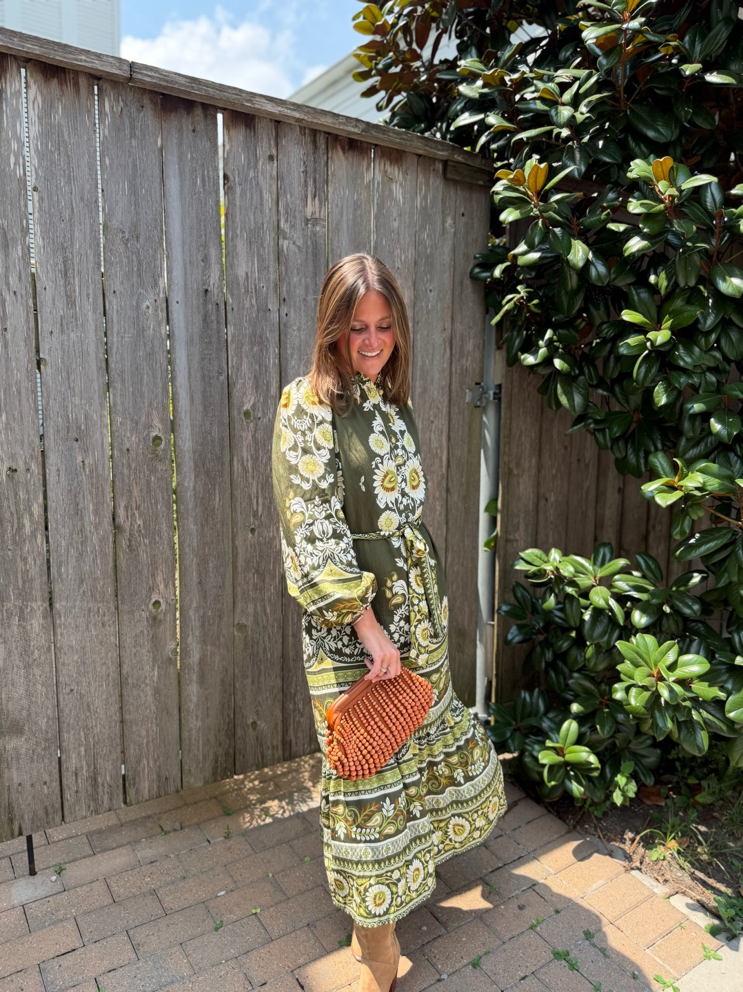 Olive Peasant Sleeve Midi