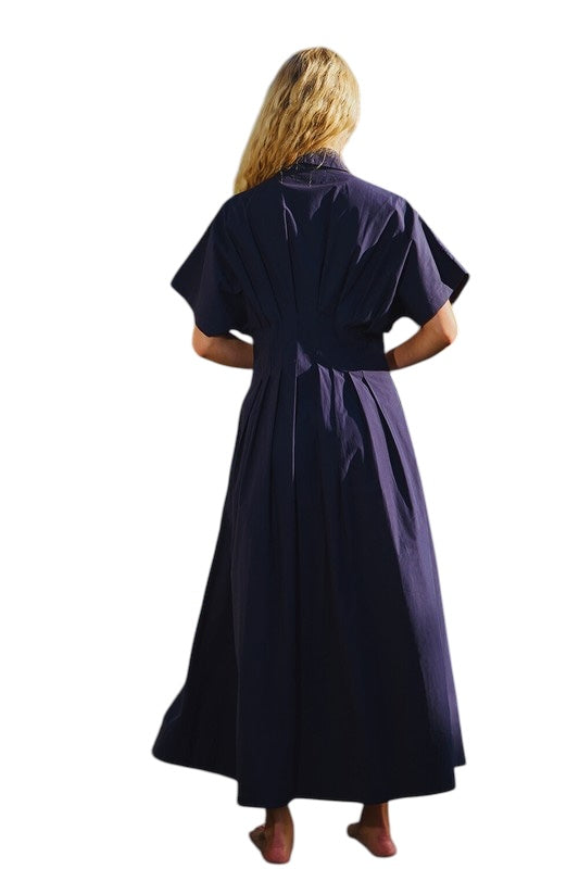 Pintuck Poplin Midi in Navy
