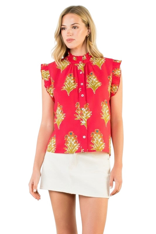 Magenta Floral Flutter Sleeve Top