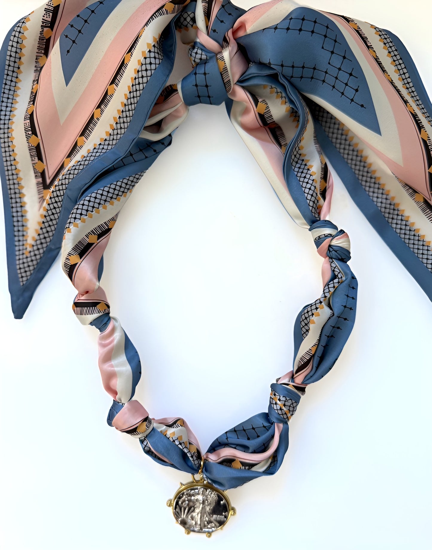 Blush & Blue Scarf Necklace w/ Coin Pendant
