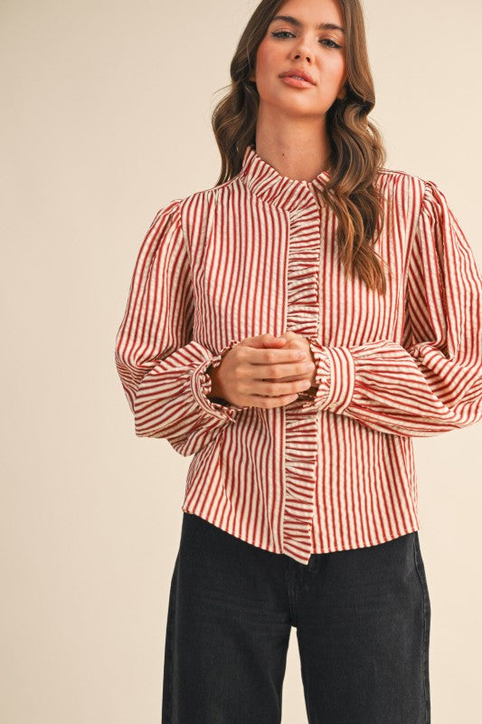 Ruffle Front Stripe Blouse- 2 Colors