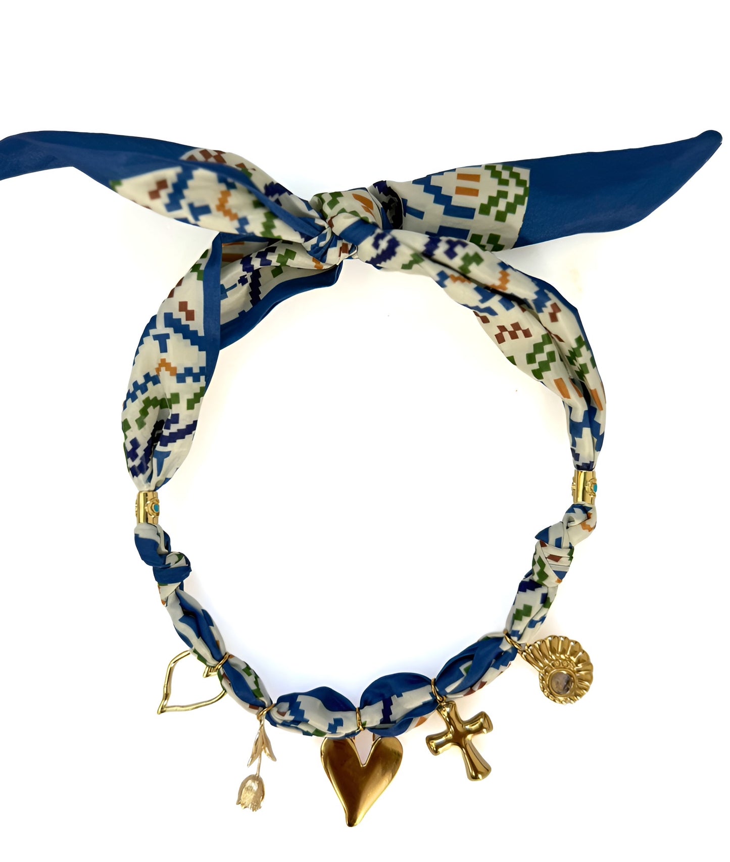 Navy Quilt Scarf Necklace w/ 5 Charms & Turquoise Spacers